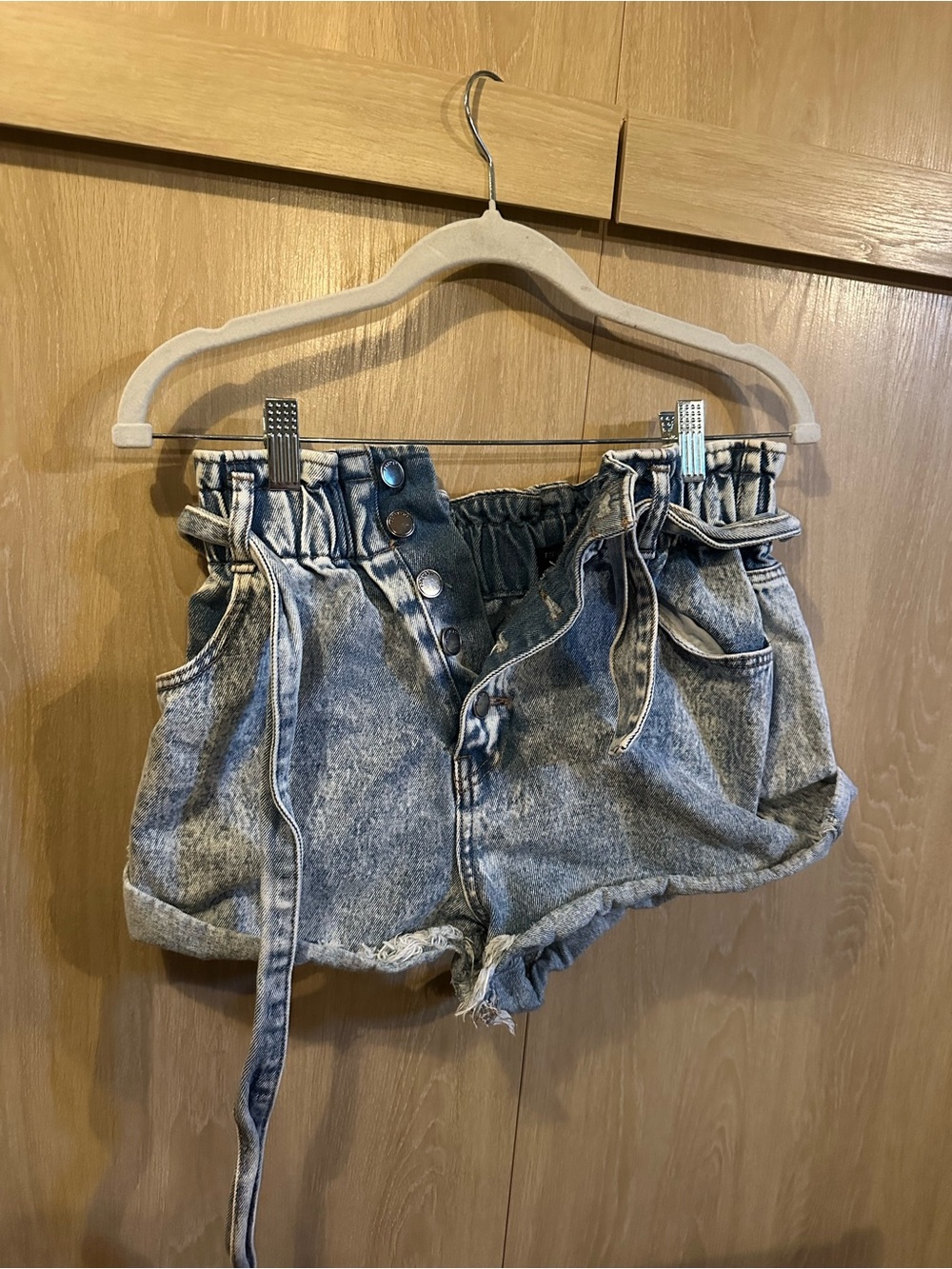 Forever 21 Light Washed Blue High-Waist Paperbag Denim Shorts